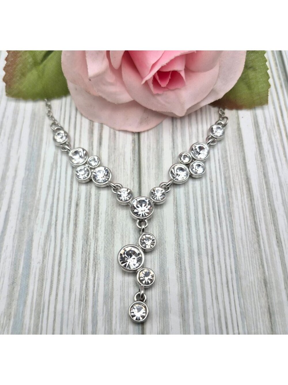 Crystal Y Drop Necklace Silver Tone Chain Formal Jewelry 19"